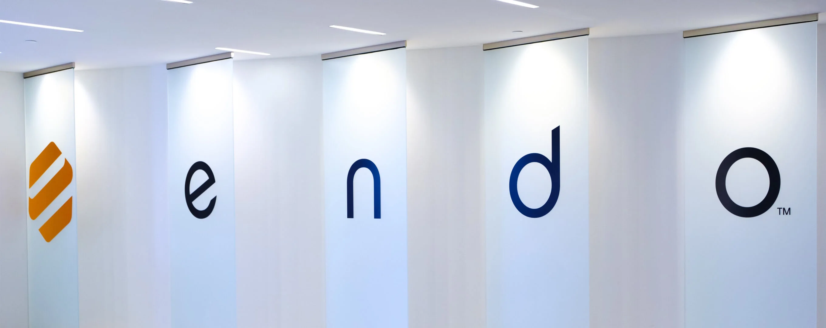The Endo logo on the side of an office wall.